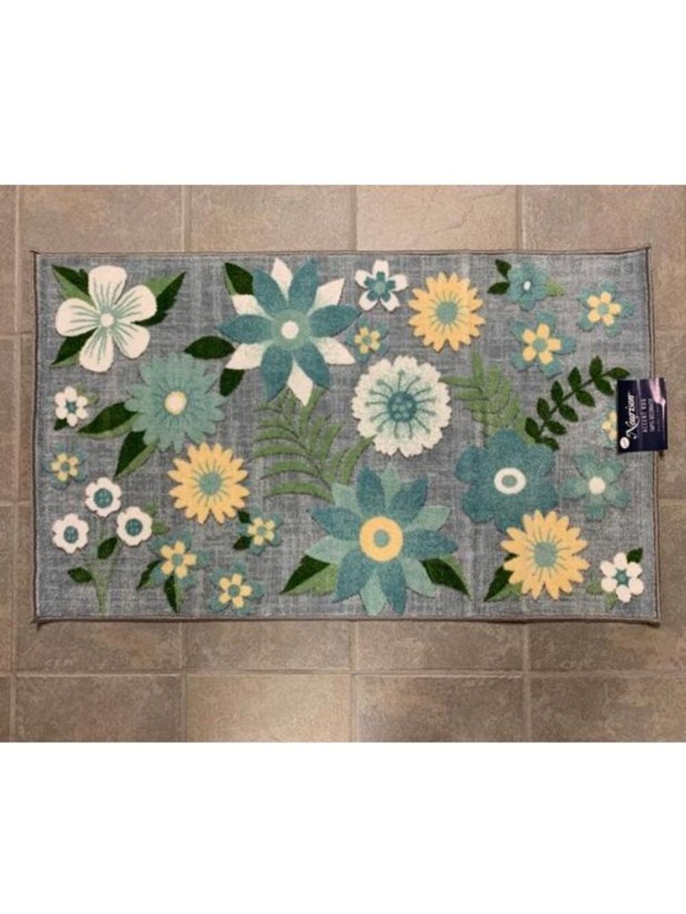 Nourison Spring Washable 26" x 45" Accent Rug Blue Flowers Mat Aqua Yellow